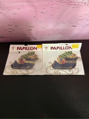 Set of 2 Natural Capiz Shell Christmas Sleigh Ornament Papillon. New old stock.